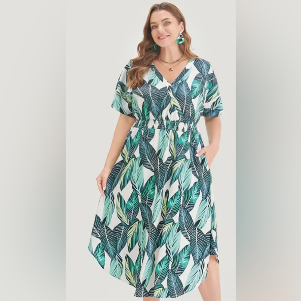 Size 18 - 20 Bloomchic Tropical Print Dolman Sleeve Shirred Wrap w/ Pocket Dress